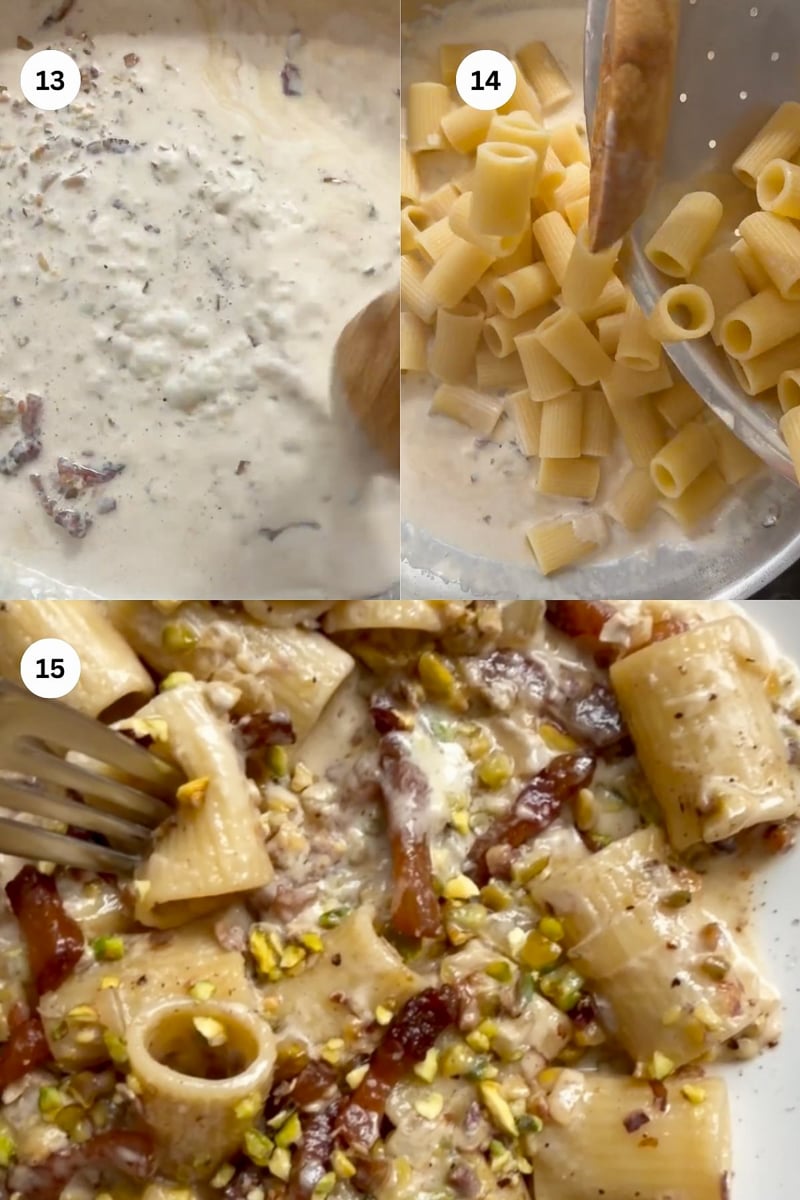 Three-step collage: creamy sauce with herbs (step 13), cooked rigatoni in a colander (step 14), and rigatoni mixed with sauce, bacon, and chopped pistachios on a plate (step 15).