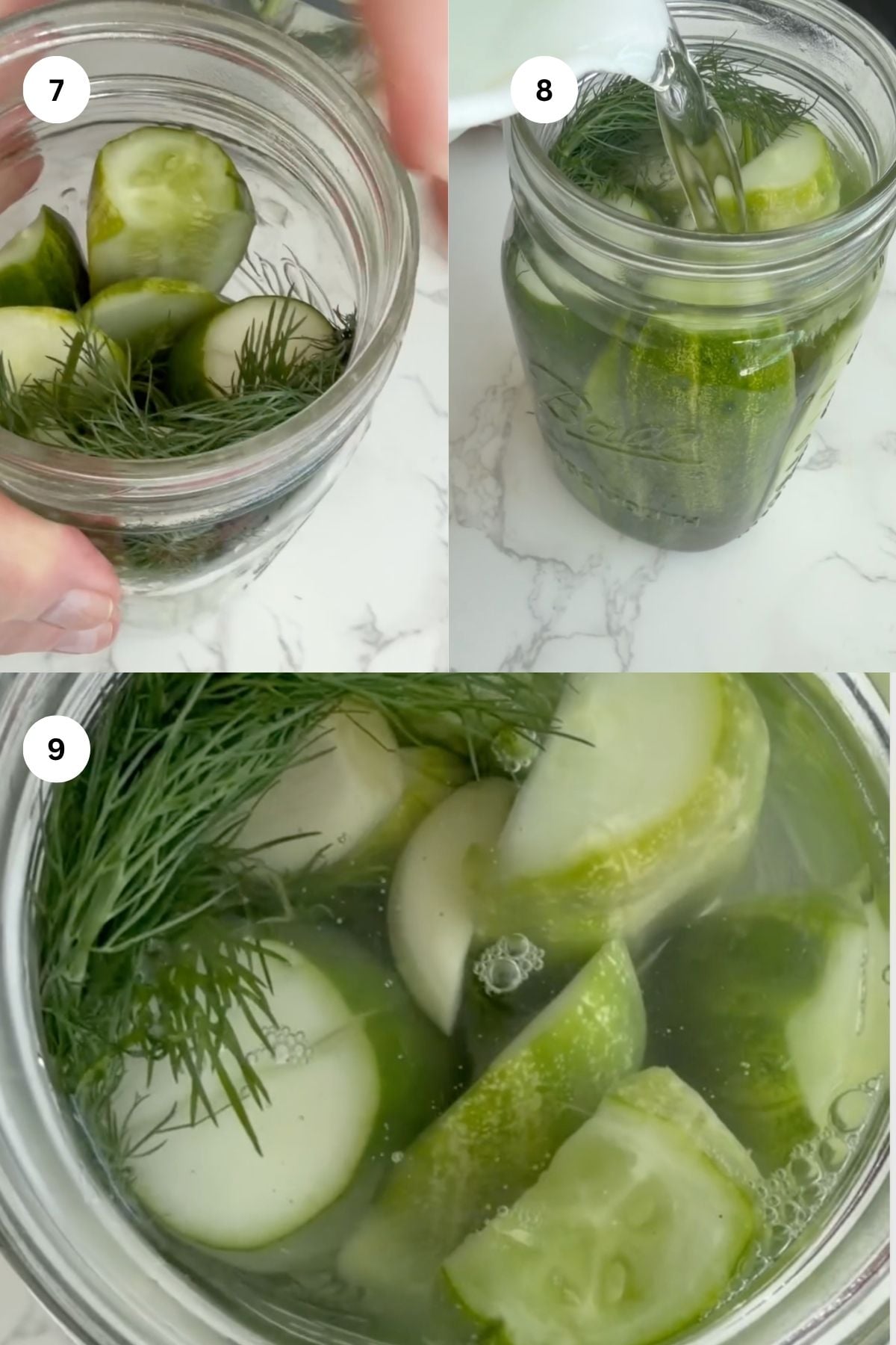 Three images show a jar being filled with cucumber slices, dill, and liquid brine on a marble countertop, illustrating steps to make homemade dill pickles.