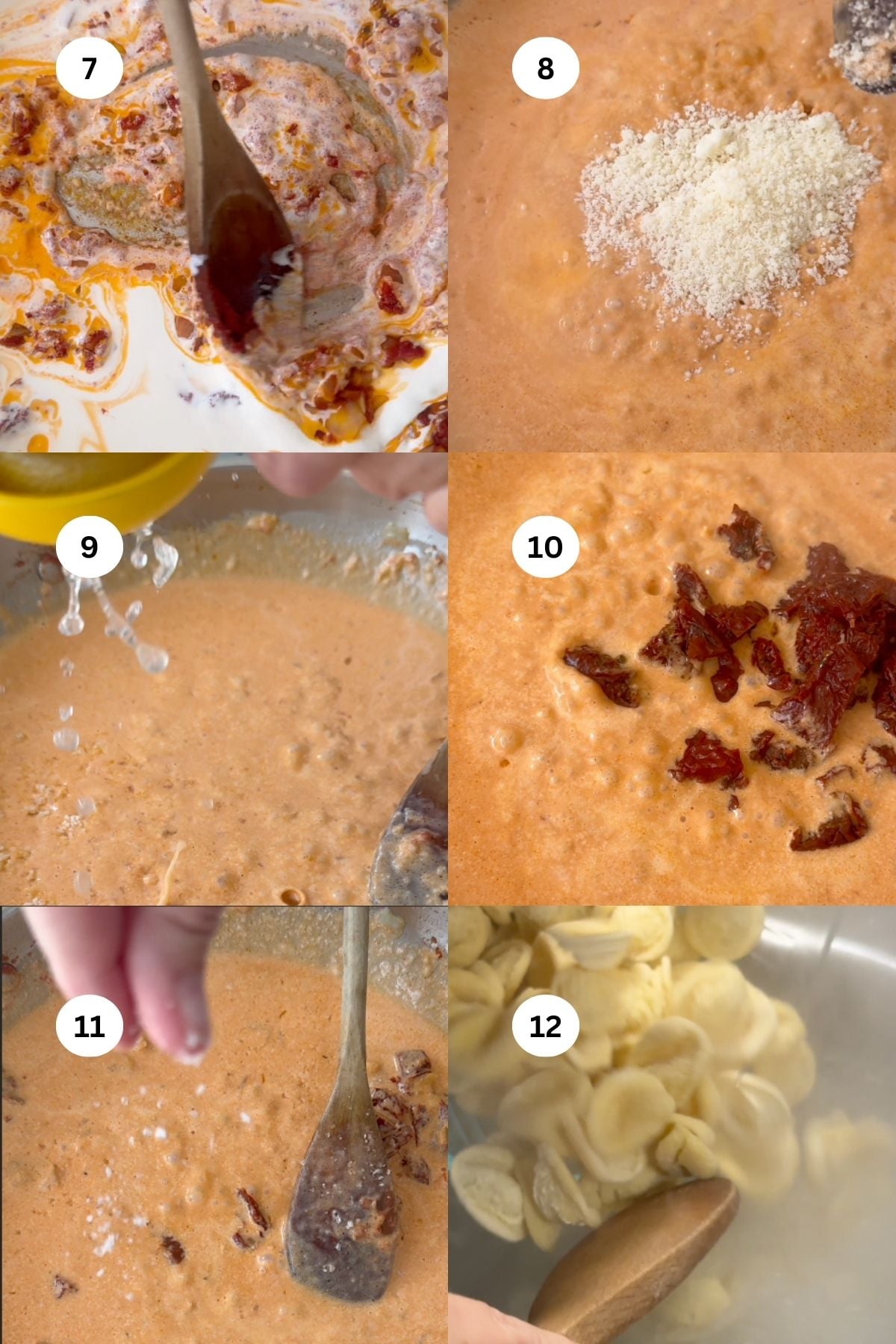 A collage showing steps of a pasta recipe: mixing sauce, adding grated cheese, stirring, adding water, sun-dried tomatoes, and cooking pasta in boiling water. Each step is labeled with numbers 7 to 12.