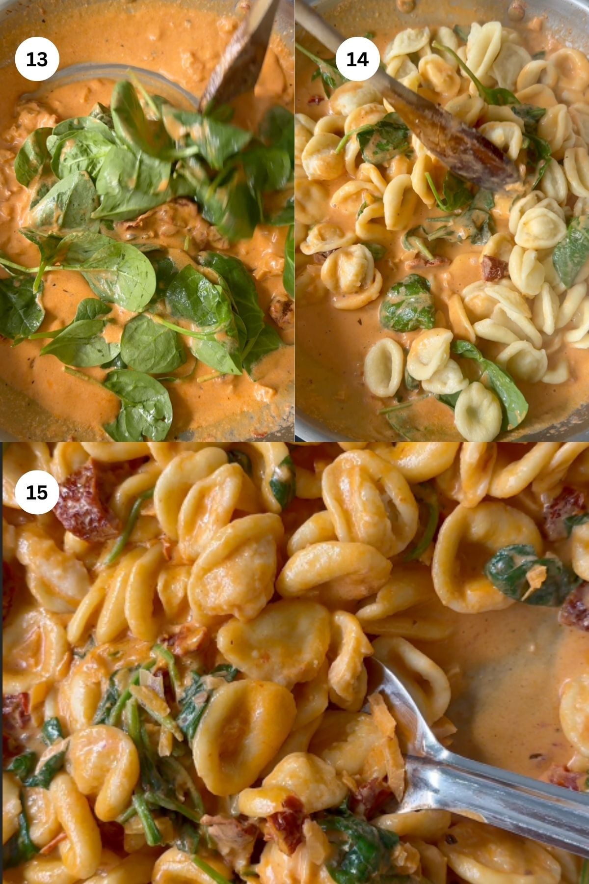 Three images show a creamy pasta dish being cooked: first, spinach is added to the sauce; second, orecchiette pasta is stirred in; third, the finished pasta with spinach and sun-dried tomatoes is shown up close.