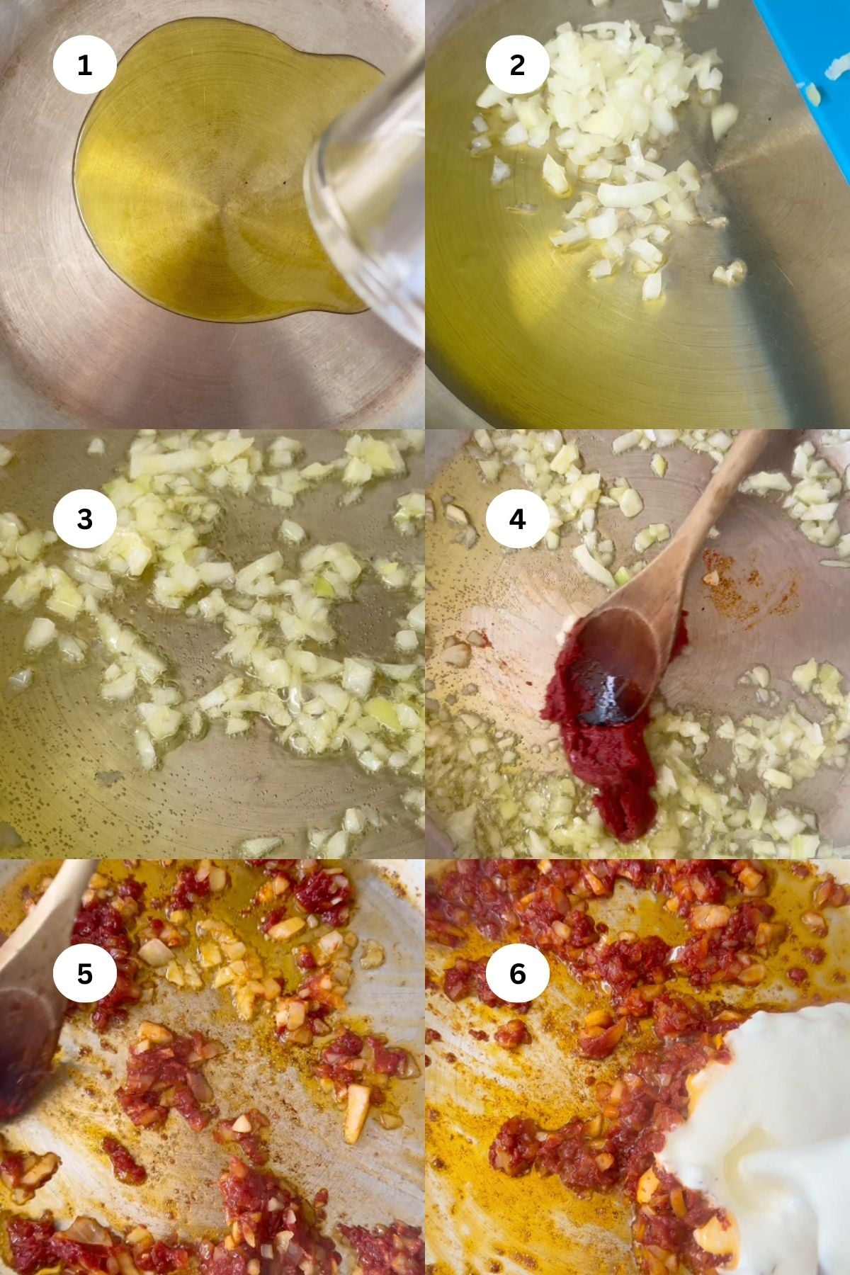 Six images show steps of a recipe: pouring oil, sautéing chopped onion and garlic, adding tomato paste, mixing ingredients, and stirring in a creamy white sauce. Each step is numbered from 1 to 6.