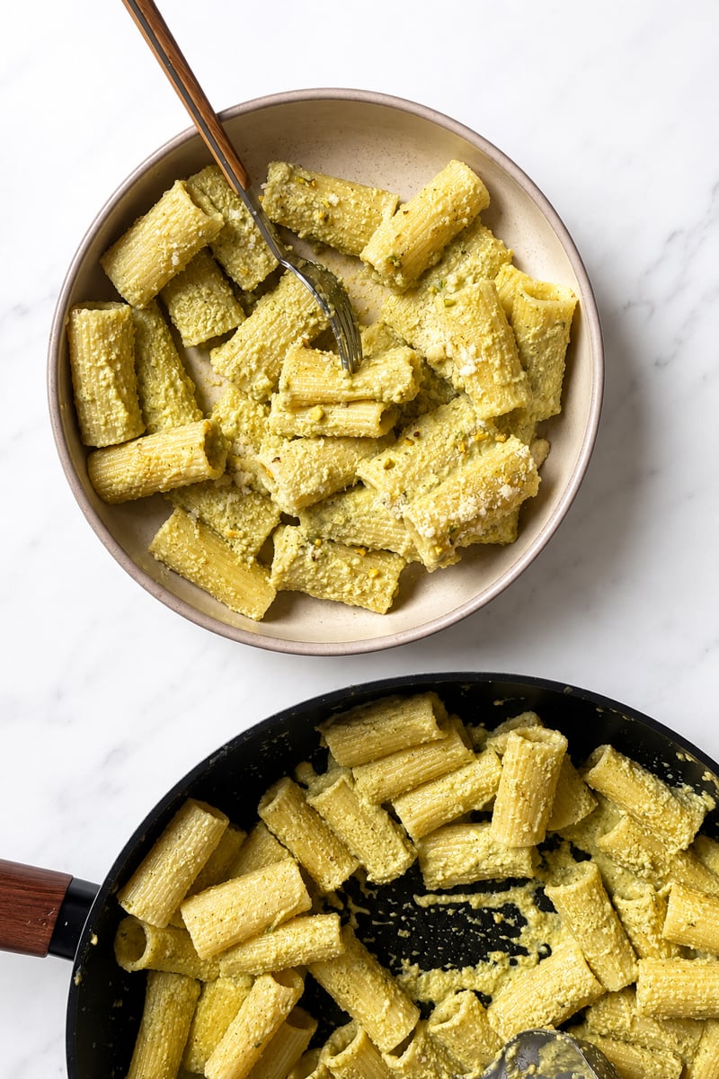 A bowl and a pan filled with rigatoni pasta coated in a creamy green pesto sauce, with a fork placed in the bowl.