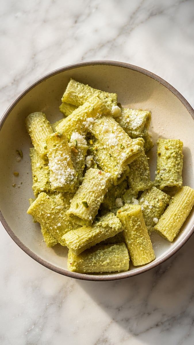 A bowl of rigatoni pasta coated in green pesto sauce, topped with a light sprinkle of grated cheese, sits on a white marble surface.