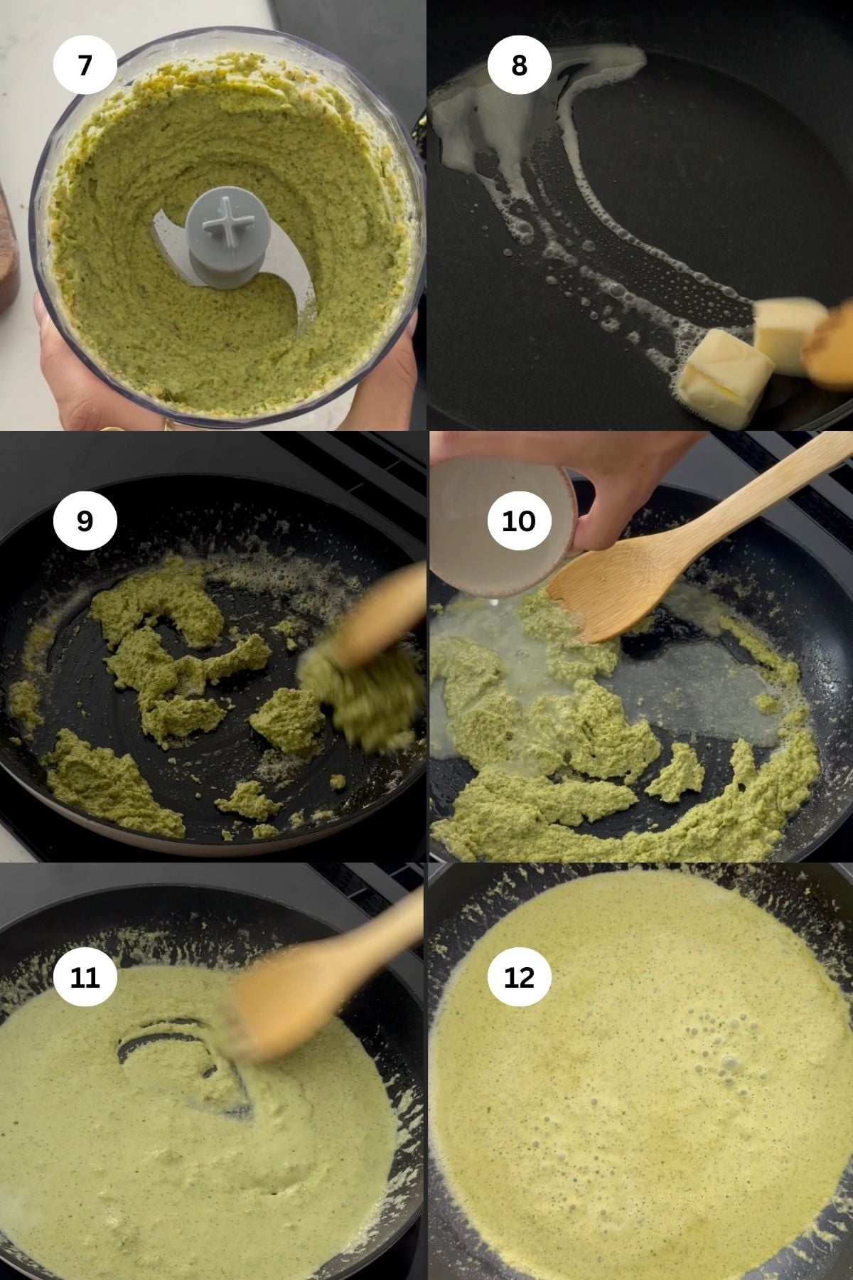 A step-by-step collage showing green sauce preparation: blending ingredients, melting butter in a pan, adding and stirring the green mixture, and simmering until smooth and creamy. Each step is numbered from 7 to 12.