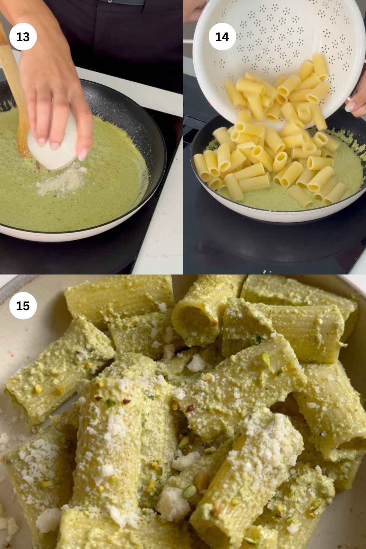 Three-panel collage: A hand adds cheese to green sauce in a pan (13), cooked rigatoni pasta is poured from a colander into the pan (14), and pasta coated in green sauce and cheese is shown up close (15).