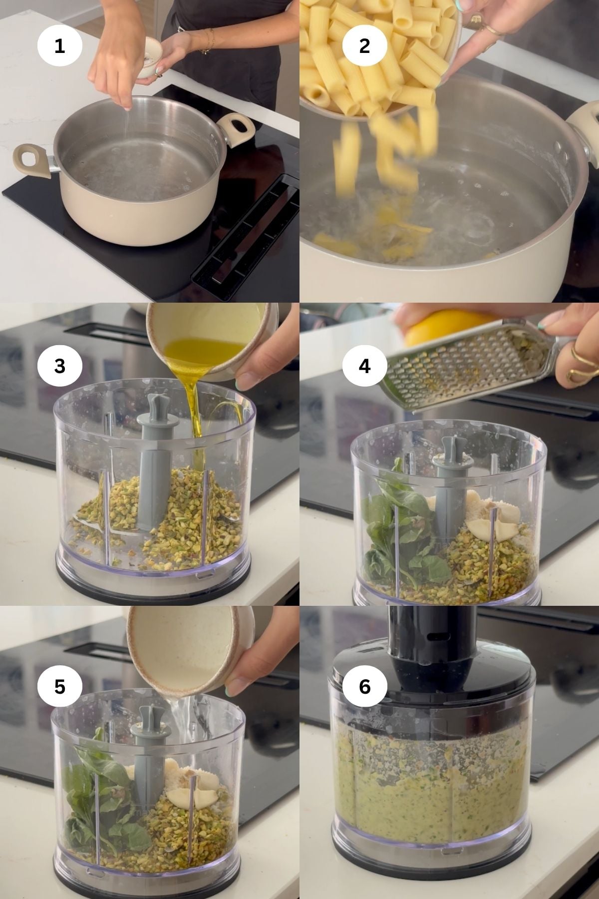 Step-by-step images show cooking pasta and making pesto in a food processor with basil, pistachios, olive oil, garlic, and grated cheese. Ingredients are blended together to form a sauce.