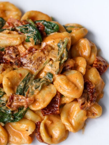Close-up of creamy pasta with orecchiette, wilted spinach, sun-dried tomatoes, and pieces of seared chicken, all coated in a rich orange sauce on a white plate.
