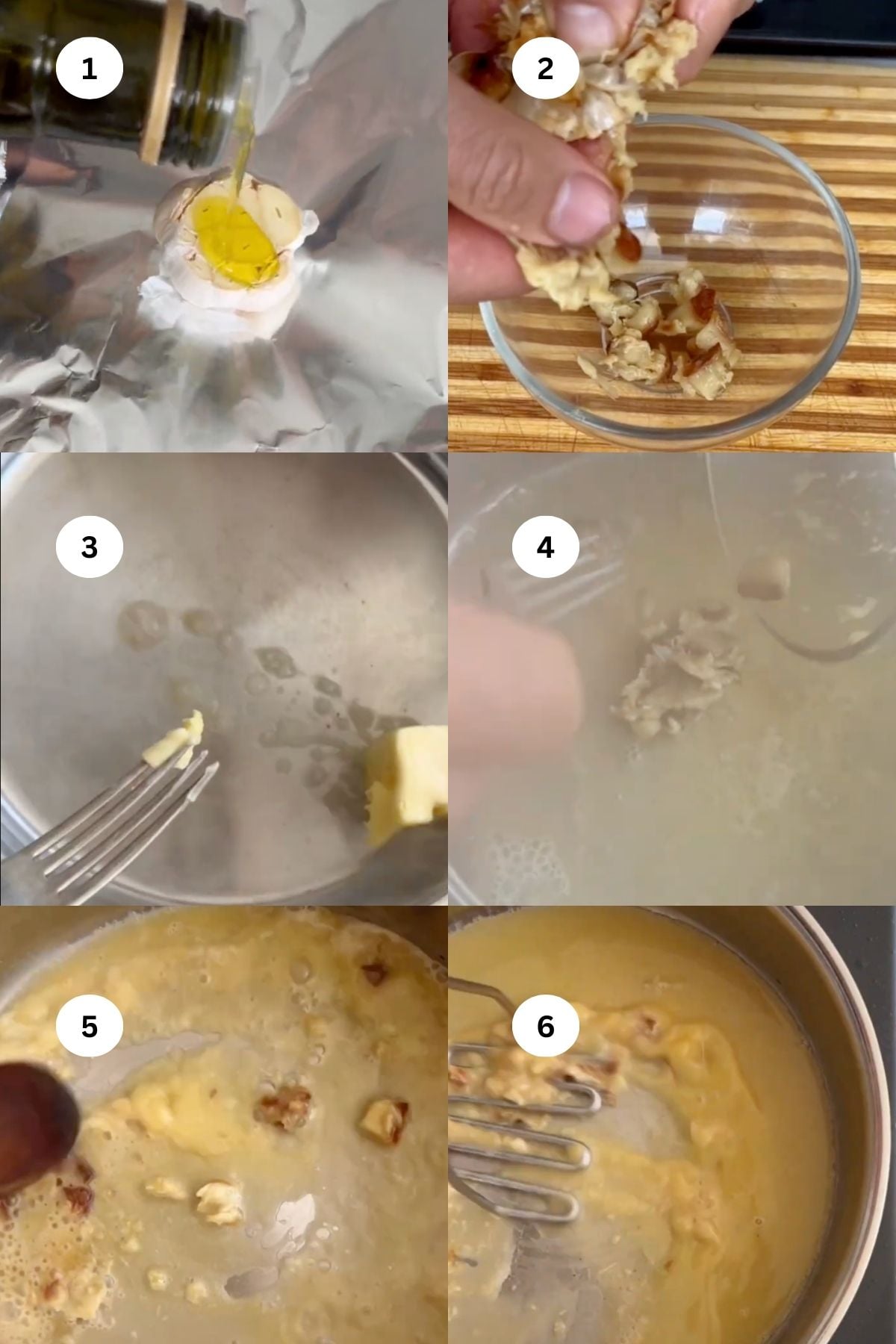 Step-by-step images showing oil being poured onto foil, chopped walnuts in a bowl, butter melting in a pan, walnuts added to butter, walnuts mixed with butter, and a creamy mixture forming in the pan.