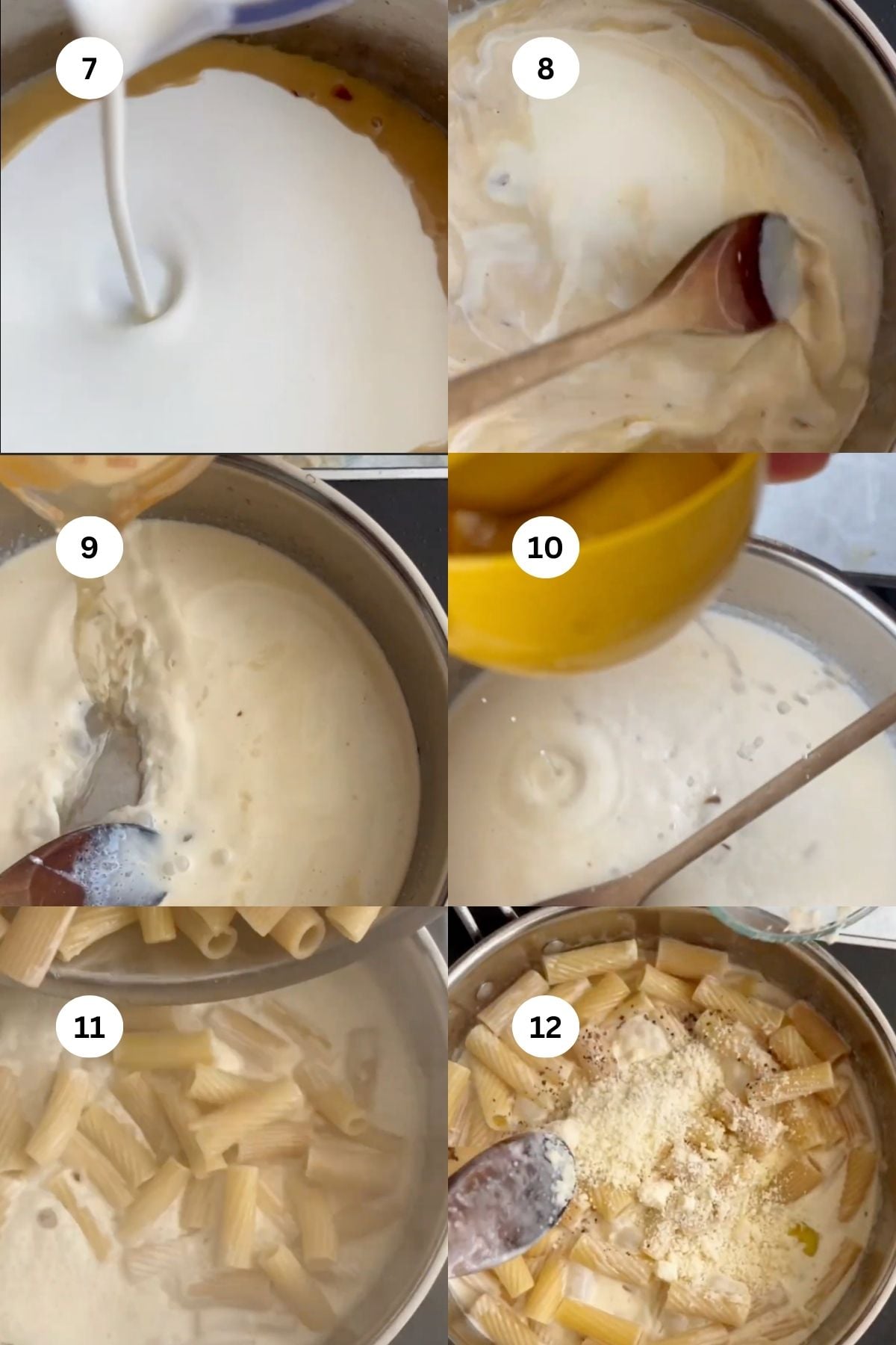Six-step collage showing creamy sauce being poured, stirred, and thickened in a pot, then mixed with rigatoni pasta and topped with grated cheese. Steps are labeled 7 to 12.