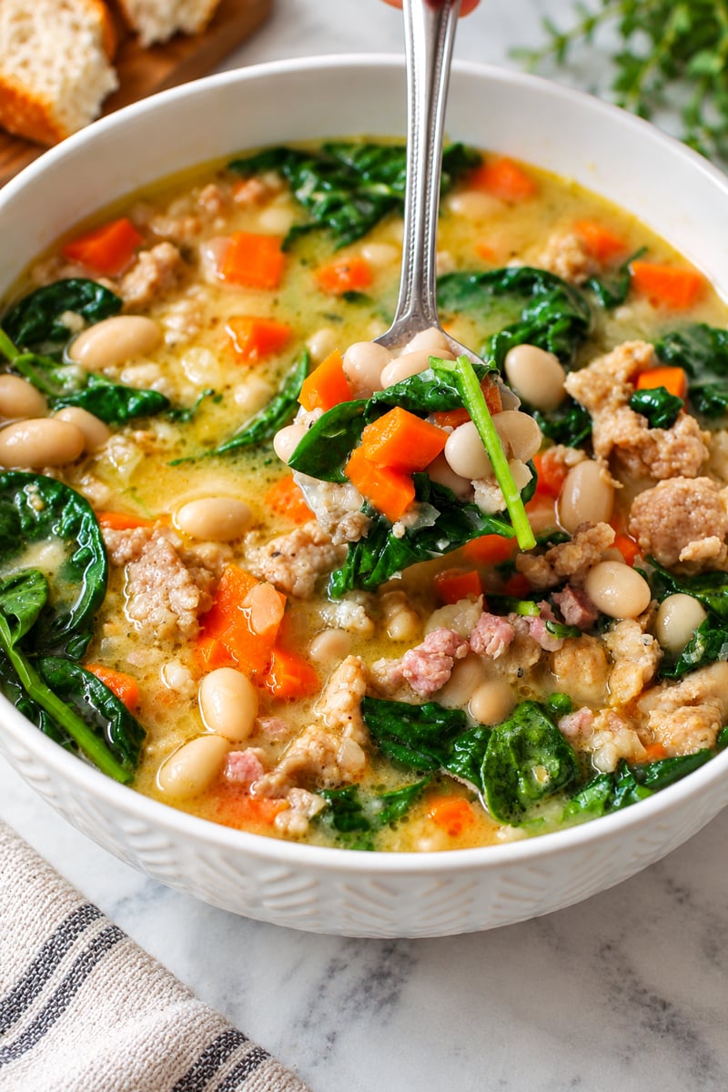A spoon lifts a portion of creamy soup containing white beans, sausage, carrots, and spinach from a full bowl.