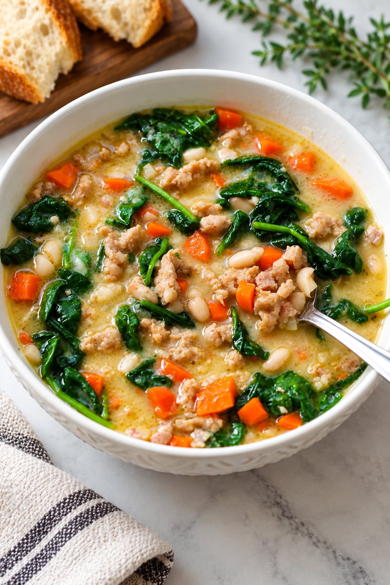 A bowl of creamy soup with ground meat, white beans, carrots, and spinach, with a spoon resting in the bowl.